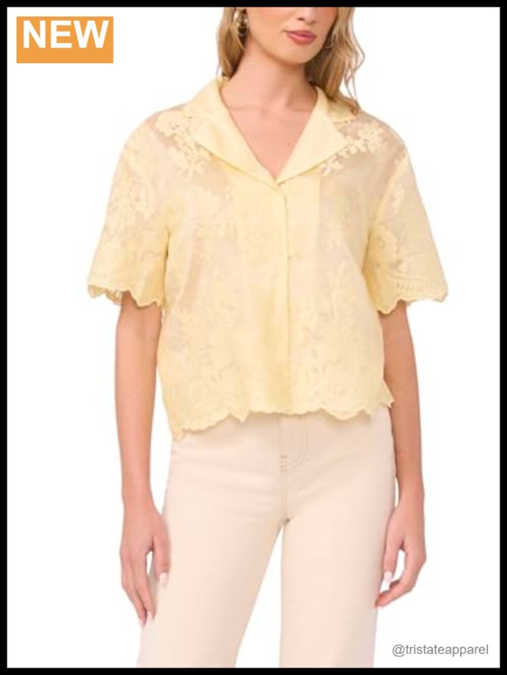 Vince Camuto Embroidered Tencel Short Sleeve Button-Up Blouse